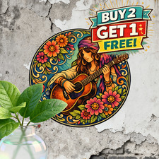 Floral Swirl Acoustic Guitar Girl Metal Sign Vintage Music Room Decor 8x8 picture