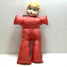 Antique 1930's Pin Cushion Hat Pin Bisque Head Satin Body Doll Coral Color RARE picture
