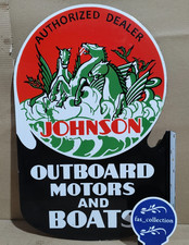 Johnson Outboard Motors And Boats Porcelain Enamel Sign  28 x 20 Inches 2 Sided picture