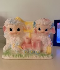 Vintage 1950’s Ceramic Nursery Planter Twin Lambs Pink Train Made In Japan picture