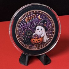 Halloween .999 Fine Copper Collectible Round 1 oz - Happy Haunting Ghost & Cat picture