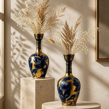 Pair of 7” Thomas Forester & Sons Phoenix porcelain vases cobalt blue and gold picture