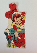 Vtg Unused School 1950s Valentine Girl Astronaut Suit Space Ship Flying Rocket  picture