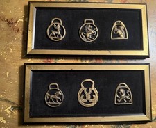 MINI ANTIQUE ENGLISH BRASS HORSE MEDALLIONS SET IN FRAMES/ W/ BLACK VELVET picture
