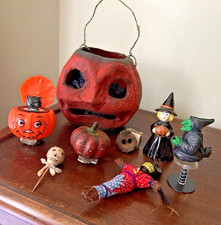8 LOT Vint Halloween Pumpkin Pop Up/ PAPER MACHE  PUMPKIN FACE voodoo doll skull picture