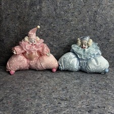 Vintage Pierrot Clown Dolls Pair Pink Blue Porcelain Satin Stuffed Jester picture