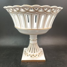 RETICULATED WHITE PORCELAIN AND GOLD FOOTED COMPOTE BOWL, RARE RETICULATED STAND picture