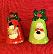 Vintage Lefton Japan Red Green Christmas Snowman Bells Holly Salt Pepper Shakers picture
