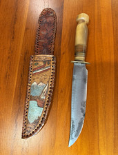 Vintage 1958 Chilean Knife Horn Handle Hand Tooled Leather Sheath Folk Art picture