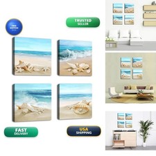 Canvas Wall Art Ocean Beach Seashell Starfish Blue Turquoise 16x16 4 Pieces picture