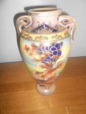 Large Vintage hand-painted ceramic two handled vase from Japan. Moriage style picture