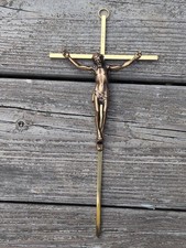 Vintage Gold Tone Brass Metal Wall Hanging Crucifix Cross Religious Christianity picture