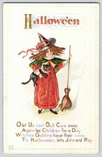 Antique Halloween Postcard 1919 Nash H 14 Girl Witch Black Cat Spider Web Emboss picture