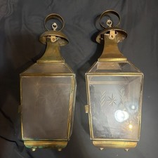 Pair of Vintage Etched Glass Starburst Brass Hexagonal Lanterns candle holders  picture