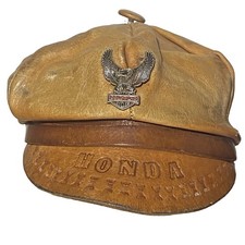 Vtg 1950s Bralo Mexico Leather Motorcycle Cap Hat 70s Honda Goldwing Eagle Pin picture