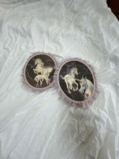Vintage Ferraro Unicorn Wall Art Set Ruffled Lace Trim needs some tlc picture
