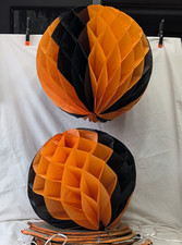 4 Vtg Halloween Black & Orange honeycomb tissue paper balls 14