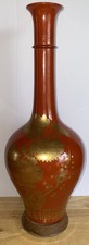 Vintage Red Gold Asian Porcelain Vase Birds Flowers 18in Chinoiserie Decor picture