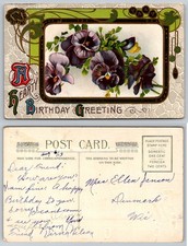 1913 A Hearty Birthday Greeting Postcard with Pansies - Denmark, WI Posted picture