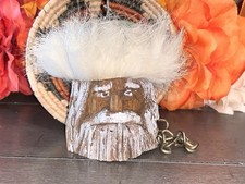 B7 VINTAGE HAND CARVED WOOD BEARDED OLD MAN FOLK ART FUR HAT SANTA ORNAMENT 3” picture