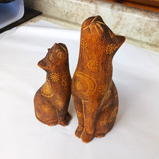 2 Vintage Hand Crafted And Designed Wood Cat Figures picture