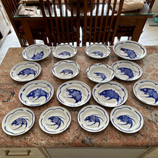 Vintage Chinese Enamelware Koi Fish Plate Bowl Set 16pc Goldfish Brand 1979 picture
