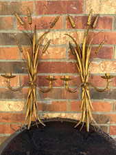 Vintage Italian Gilt Tole Wheat Sheaf Wall Sconces Hollywood Regency Pair picture