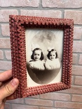 Antique Small Tramp Art Chip Carved Picture Photo Frame Red 6