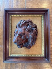 Vtg Carved Wood Lion Head in Frame MCM 1960s 1970s picture