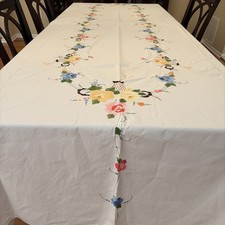 Vintage Embroidered Floral Tablecloth Extra Large 136 X 66
