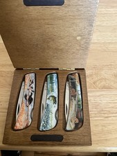 Hautman Brothers 3pc Collectors Pocket Knife Set Bass Deer Ducks With Wooden Box picture