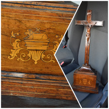 Antique 19thc wood carved inlay agnus dei crucifix cross religious picture