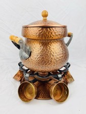Vintage Hammered Copper Mulled Wine Glogg Punch Set Pot Warmer Stand & 6 Cups picture