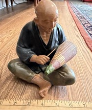 Vintage Japanese Hakata Urasaki Clay Figurine Seated Man Umbrella Maker 1950s picture