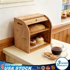 2-Layer Bread Box Bread Keeper Bamboo Wood With Lid Kitchen Storage Containers picture