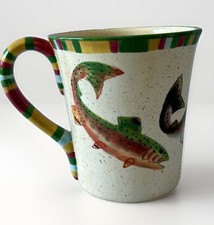 Alaska Salmon Hand Painted Large Ceramic Mug Rainbow Trout Fish Striped Handle picture