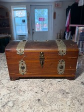 Vintage Wooden Keepsake Brass Trim Hinged Lid  Storage Chest with mirror picture