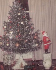 Vintage Photo 1960s Tinsel Christmas Tree Santa Decoration & Toy Train picture