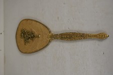 Antique Gold Tone Large Size Hand Held Mirror With Cloth decorated Back picture