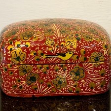 Vintage Kashmir Paper Mache Box Hand Painted Red Floral Bird Trinket Boho Decor picture