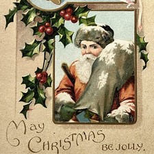 Antique Embossed Christmas Santa Claus Postcard Orange Coat Sack Of Toys picture