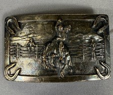 Vintage 70s Western Rodeo Bucking Bronco Horse Horseshoe Belt Buckle Silver Tone picture