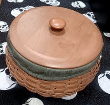Longaberger Round Woven Lidded Basket Green Liner Plastic Liner RARE 9x6 2004 picture