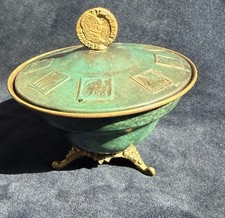 Vintage Hand Made Israel Verdigris Brass Footed Trinket Box Coin Finial Lid⁠ picture