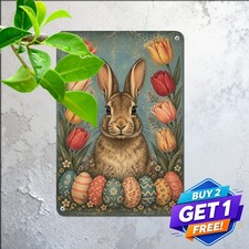 Spring Easter Bunny In Garden Sign Charming Country Rabbit Metal Tin Plaque picture
