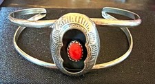 Vintage Navajo Sterling Silver Red Coral Shadowbox Cuff Bracelet Native American picture