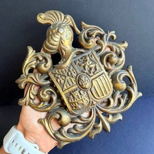 Vintage Brass Spanish Coat of Arms Wall Plaque Heraldic Crest Medieval Decor picture