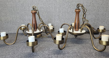SALVAGE Vtg PAIR Teak? Walnut? Wood Chandelier 5-Arm Ceiling Light Danish Modern picture