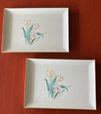 Vintage Laquerware Sushi Trays Japan Cream floral Set Of Two With Tags 8x6 picture