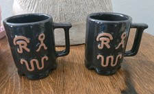 Vintage Frankoma Pottery Ranch Black Coffee Mug Cattle Brands Longhorn Set Of 2 picture